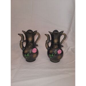 VTG Pair Mid-Century Japanese Ceramic Mini Vases, Hand Painted Pink Roses, Japan